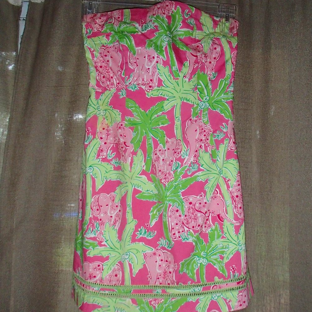 Lily Pulitzer pink/green tree and elephant print strapless dress